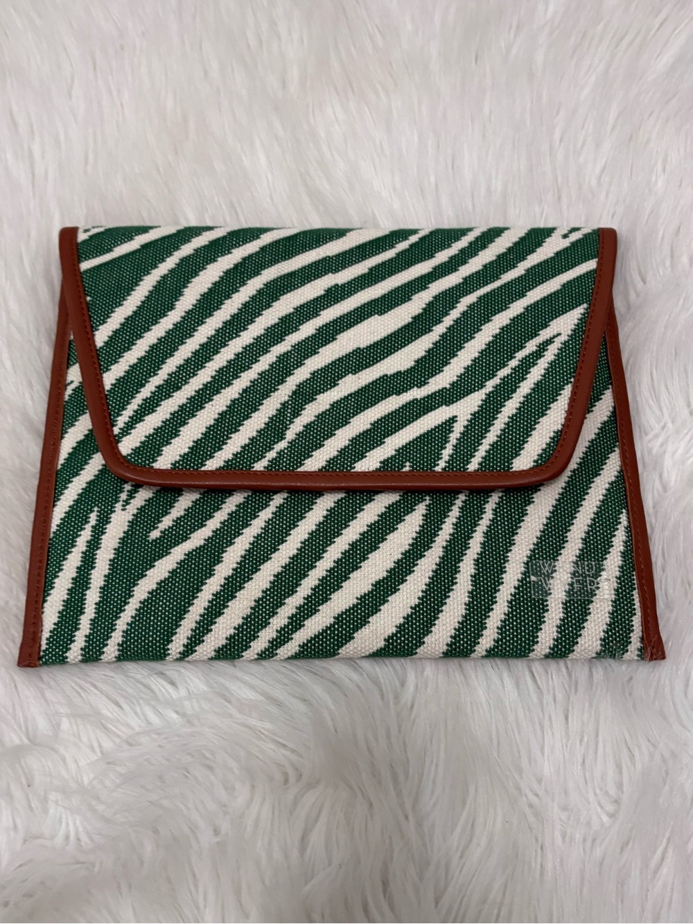 WKND WYFR Green and White Woven Zebra Print Envelope Clutch with Brown Trim
